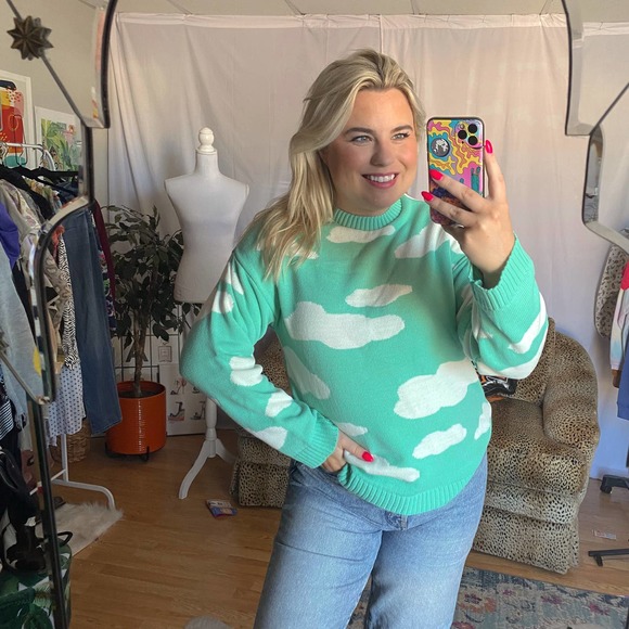 ASOS Sweaters - Asos Design Cloud Print Crew Neck Pullover Knit Sweater Mint Green Size 2